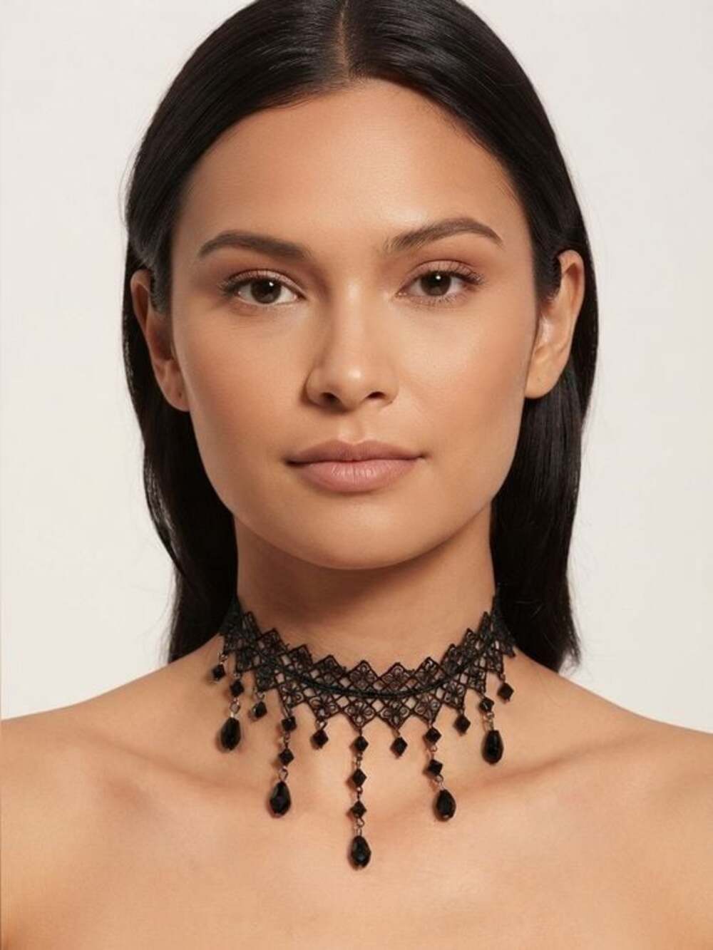 Black Lace Drop Bead Choker Necklace